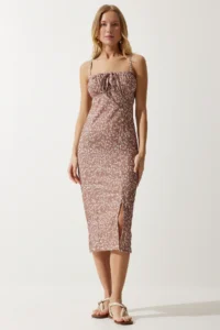 Happiness İstanbul Women's Vivid Mink Floral Slit Summer Knitted Dress CI00029 - Image 2