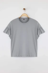 TRENDYOLMİLLA Gray 100% Cotton Ruffle Detailed Basic Crew Neck Knitting T-Shirt - Image 10
