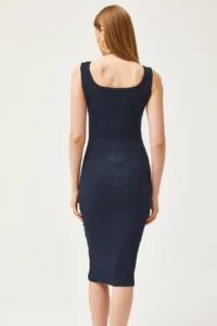 Olalook Women's Navy Blue Thick Strap Lycra Midi Dress - Image 6
