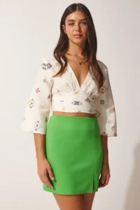 Happiness İstanbul Women Neon Green slit Mini Skirt - Image 2