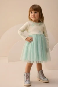 Minipodyum Bow Printed Collar Detailed Tulle Girls' Dress