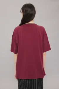 TRENDYOLMİLLA Burgundy 100% Thick Cotton Oversized/Wide Pach Embroidered Knitting T-Shirt - Image 4