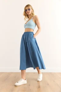 Olalook Women's Indigo Pocketed Elastic Waist Midi Woven Bell Skirt - Image 3