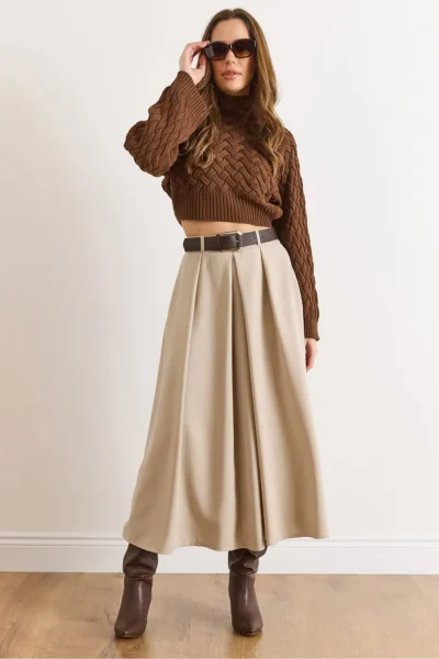 Olalook Women's Stone Belted Zippered Maxi Pleated Skirt