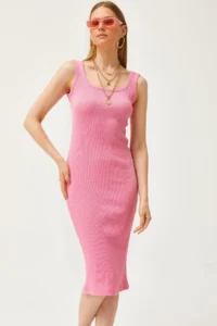 Olalook Women's Pink Thick Strap Lycra Midi Dress