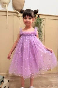 penu baby kids Lilac Star Printed Tulle Ruffle Strap Sleeve Cotton Lined Baby Girl Dress - Image 2