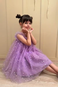penu baby kids Lilac Star Printed Tulle Ruffle Strap Sleeve Cotton Lined Baby Girl Dress - Image 3