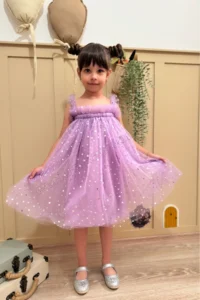 penu baby kids Lilac Star Printed Tulle Ruffle Strap Sleeve Cotton Lined Baby Girl Dress - Image 4