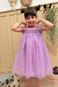 penu baby kids Lilac Star Printed Tulle Ruffle Strap Sleeve Cotton Lined Baby Girl Dress - Image 5