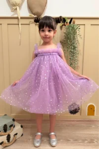 penu baby kids Lilac Star Printed Tulle Ruffle Strap Sleeve Cotton Lined Baby Girl Dress - Image 6