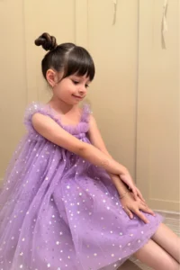 penu baby kids Lilac Star Printed Tulle Ruffle Strap Sleeve Cotton Lined Baby Girl Dress - Image 7