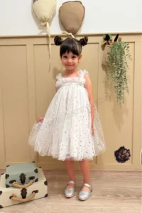 penu baby kids White Star Printed Tulle Ruffle Strap Sleeve Cotton Lined Baby Girl Dress
