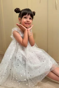 penu baby kids White Star Printed Tulle Ruffle Strap Sleeve Cotton Lined Baby Girl Dress - Image 2