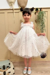 penu baby kids White Star Printed Tulle Ruffle Strap Sleeve Cotton Lined Baby Girl Dress - Image 3
