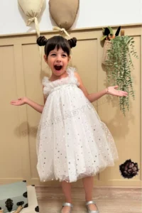 penu baby kids White Star Printed Tulle Ruffle Strap Sleeve Cotton Lined Baby Girl Dress - Image 4