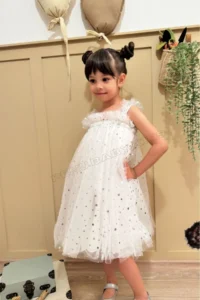 penu baby kids White Star Printed Tulle Ruffle Strap Sleeve Cotton Lined Baby Girl Dress - Image 5