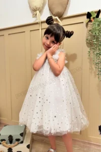 penu baby kids White Star Printed Tulle Ruffle Strap Sleeve Cotton Lined Baby Girl Dress - Image 6
