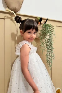 penu baby kids White Star Printed Tulle Ruffle Strap Sleeve Cotton Lined Baby Girl Dress - Image 7