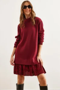 Olalook Women's Burgundy Red Garnished Thessaloniki Dress