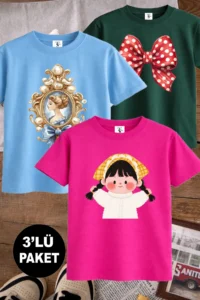twins tailors Ribbon and Cute Girl Printed 3-Pack Blue-Pink-Green Girls' T-Shirt