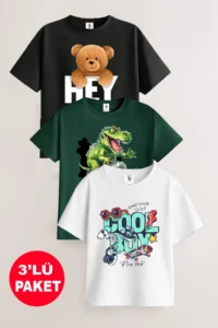 twins tailors Cool Boy And Teddy Bear Printed 3-Pack Unisex Black-White-Green Kids T-Shirt