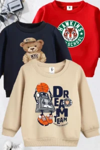 twins tailors Dream Team and Teddy Printed 3 Pack Unisex Navy Blue-Red-Beige Kids Sweatshirts