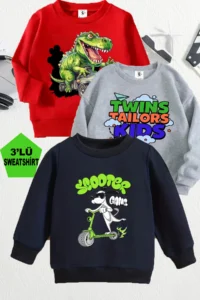 twins tailors Dinosaur Printed 3 Pack Unisex Grey-Red-Navy Blue Children's Sweatshirts