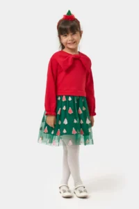 Minipodyum Girl's Christmas Dress with Bow Collar and Crown Gift - Image 2