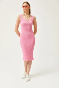 Olalook Women's Pink Thick Strap Lycra Midi Dress - Image 3