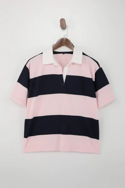 TRENDYOLMİLLA Navy Blue Striped Regular/Normal Pattern 100% Cotton Knitting T-Shirt