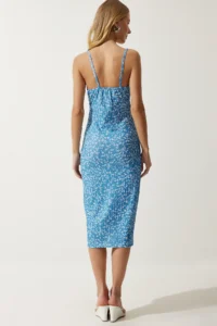 Happiness İstanbul Women's Vivid Light Blue Floral Slit Summer Knitted Dress CI00029 - Image 6