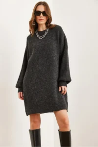 Olalook Women's Anthracite Crew Neck Balloon Sleeve Soft Textured Knitwear Tunic Dress - Image 3