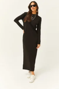 Olalook Women's Black Crew Neck Long Knitwear Dress