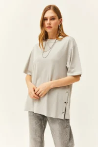 Olalook Women's Dolphin Gray Buttoned Side Cotton T-Shirt - Image 3