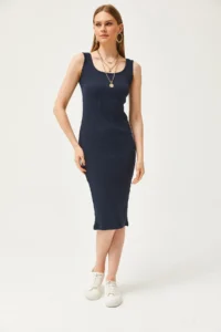Olalook Women's Navy Blue Thick Strap Lycra Midi Dress - Image 3