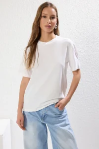 TRENDYOLMİLLA Ecru-Blue 2 Sets Package 100% Cotton Basic Dog collar Knitting T-Shirt - Image 2