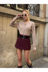 Cool & Sexy Women Burgundy Arched Shorts Skirt - Image 5