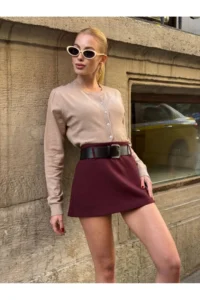 Cool & Sexy Women Burgundy Arched Shorts Skirt - Image 6