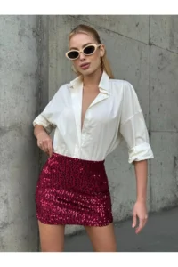 Cool & Sexy Women Burgundy sequined Mini Skirt with Shorts - Image 3