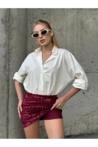 Cool & Sexy Women Burgundy sequined Mini Skirt with Shorts - Image 4