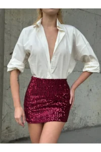 Cool & Sexy Women Burgundy sequined Mini Skirt with Shorts - Image 6