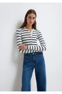 Mavi Button Detailed Striped T-Shirt Fitted -86625