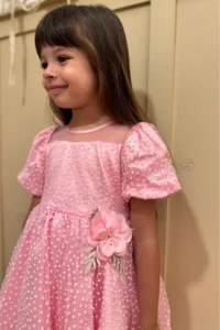 penu baby kids Pink Flower Detailed Glitter Polka Dot Balloon Sleeve Girl's Dress - Image 5
