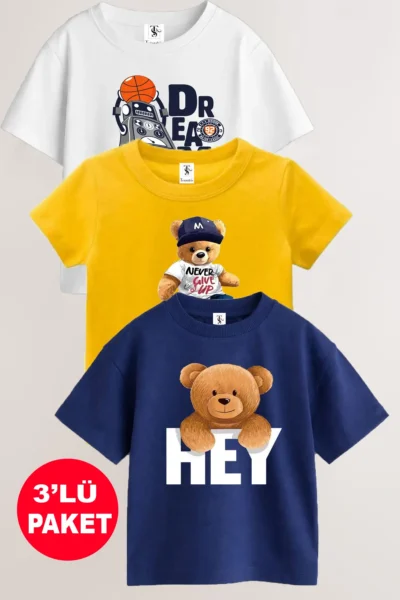 twins tailors Teddy Bear And Robot Printed 3-Pack Unisex Navy Blue-White-Yellow Children's T-Shirt
