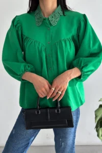 FEMELLE Green Lace Collar Shirt