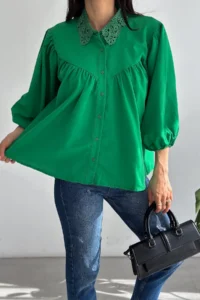 FEMELLE Green Lace Collar Shirt - Image 4