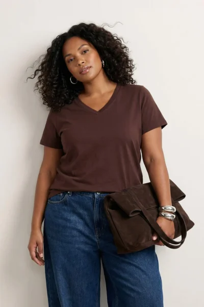 Trendyol Curve Brown Regular Fit V-neck Plus Size T-Shirt