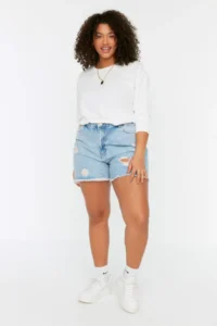 Trendyol Curve Mavi High Waist Destroylu 100% Cotton Plus Size denim Shorts & Bermuda - Image 4