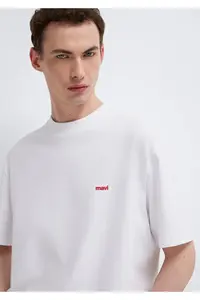 Mavi Logo Printed White Basic T-Shirt Loose Fit / Loosely Comfortable Cut -620