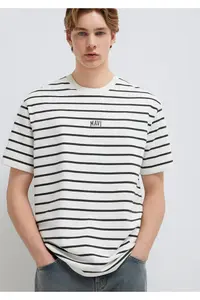 Mavi Logo Printed Striped White T-Shirt Loose Fit -86678